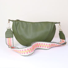 Load image into Gallery viewer, Olive Vegan Leather Half Moon Bag With Spotty Strap
