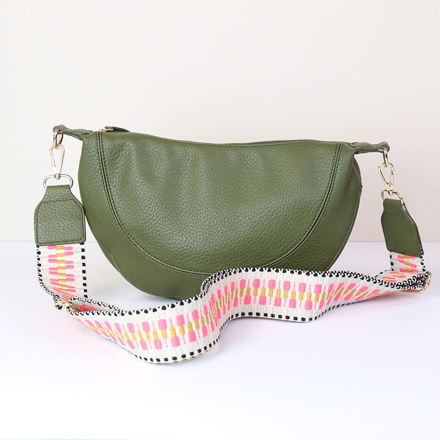Olive Vegan Leather Half Moon Bag With Spotty Strap