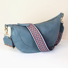 Load image into Gallery viewer, Denim Blue Vegan Leather Half Moon Bag With Zig Zag Strap
