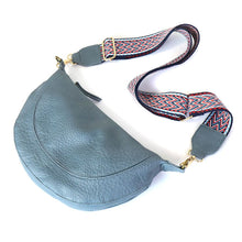 Load image into Gallery viewer, Denim Blue Vegan Leather Half Moon Bag With Zig Zag Strap

