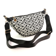 Load image into Gallery viewer, Black &amp; White Repeat Print Half Moon Crossbody Bag
