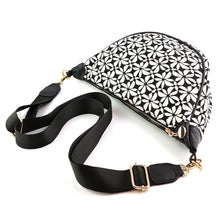 Load image into Gallery viewer, Black &amp; White Repeat Print Half Moon Crossbody Bag
