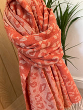 Load image into Gallery viewer, Orange &amp; Beige Reversible Animal Print Scarf With Tassel Fringe
