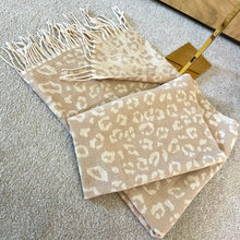 Load image into Gallery viewer, Beige &amp; Taupe Reversible Animal Print Scarf With Tassel Fringe
