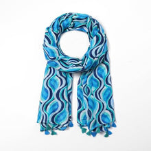 Load image into Gallery viewer, Summer Wave Print Scarf With Tassel | Blue
